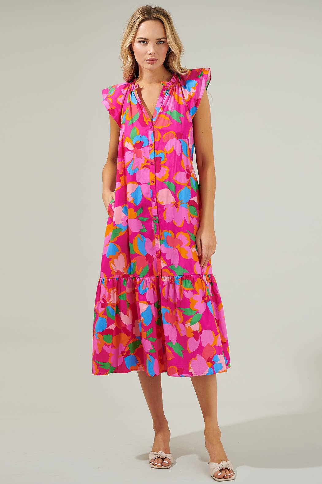 Sugarlips: Daphne Floral Dynamite Button Midi Dress: FUCHSIA-MULTI