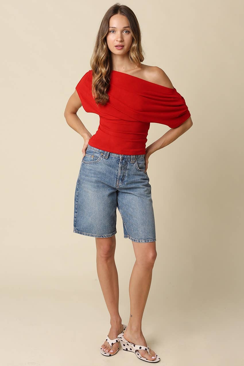 PREORDER: Olivaceous - Carina Draped One Shoulder Top: Teal Green