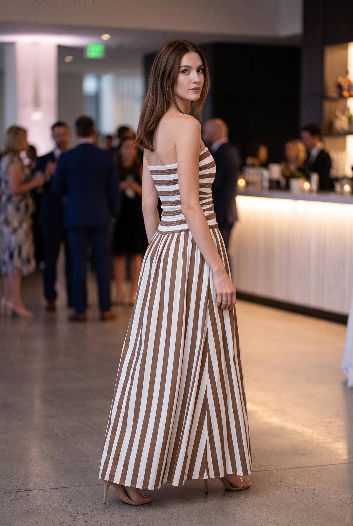 PREORDER - Stripe ruched strapless maxi dress: WHITE/MOCHA
