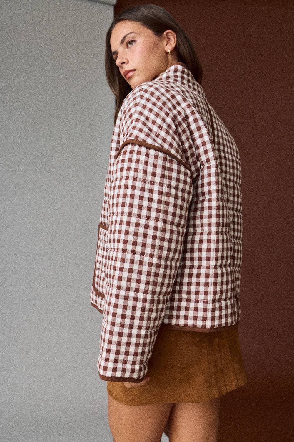 PREORDER - Gingham Quilted Jacket : BROWN