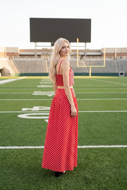 Trim Appliqué Crop Top And Polka Dot Maxi Skirt Set: RED : WHITE