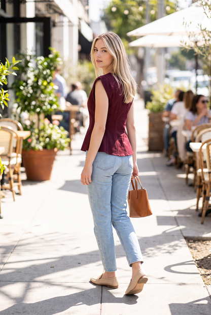 PREORDER - Stretch Cap Sleeve Peplum Top: CHOCOLATE BROWN