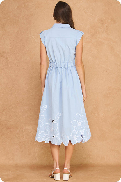 Floral Cut-Out Embroidery Twill Midi Shirt Dress