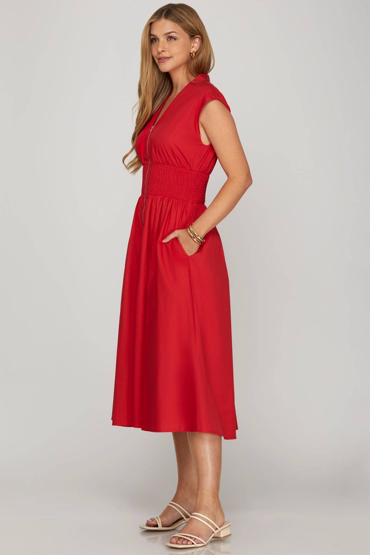 Drop Shoulder Smocked Waist Midi Dress: PINK