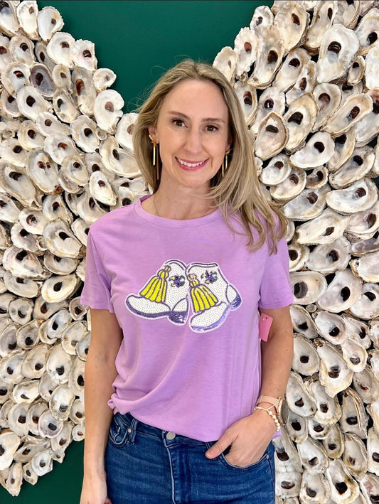 Mardi Gras booties sequins lavender tee
