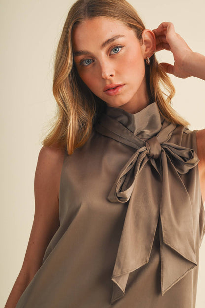 PREORDER - Tie Mock Neck Sleeveless Blouse: VINTAGE KHAKI