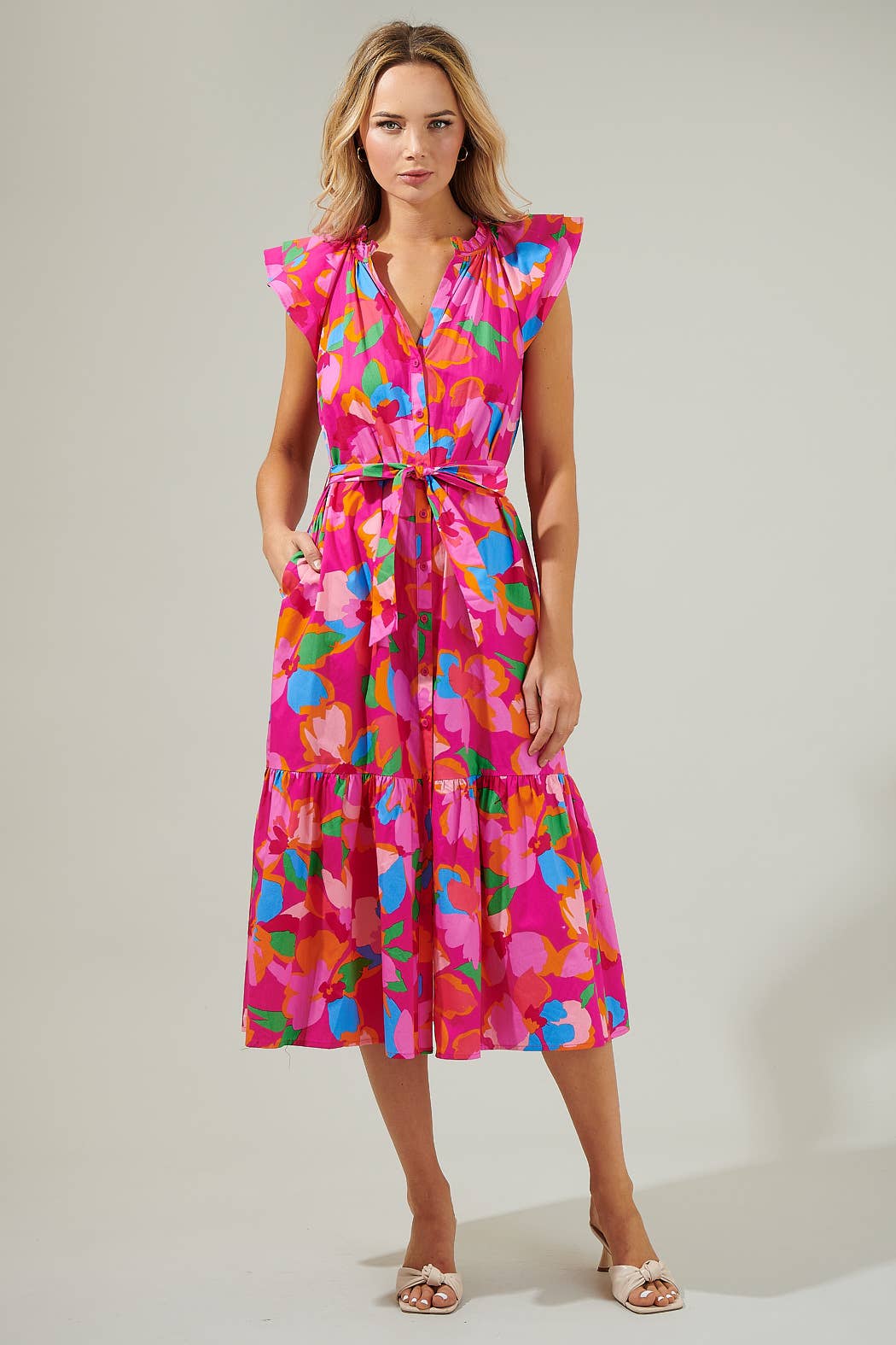 Sugarlips: Daphne Floral Dynamite Button Midi Dress: FUCHSIA-MULTI