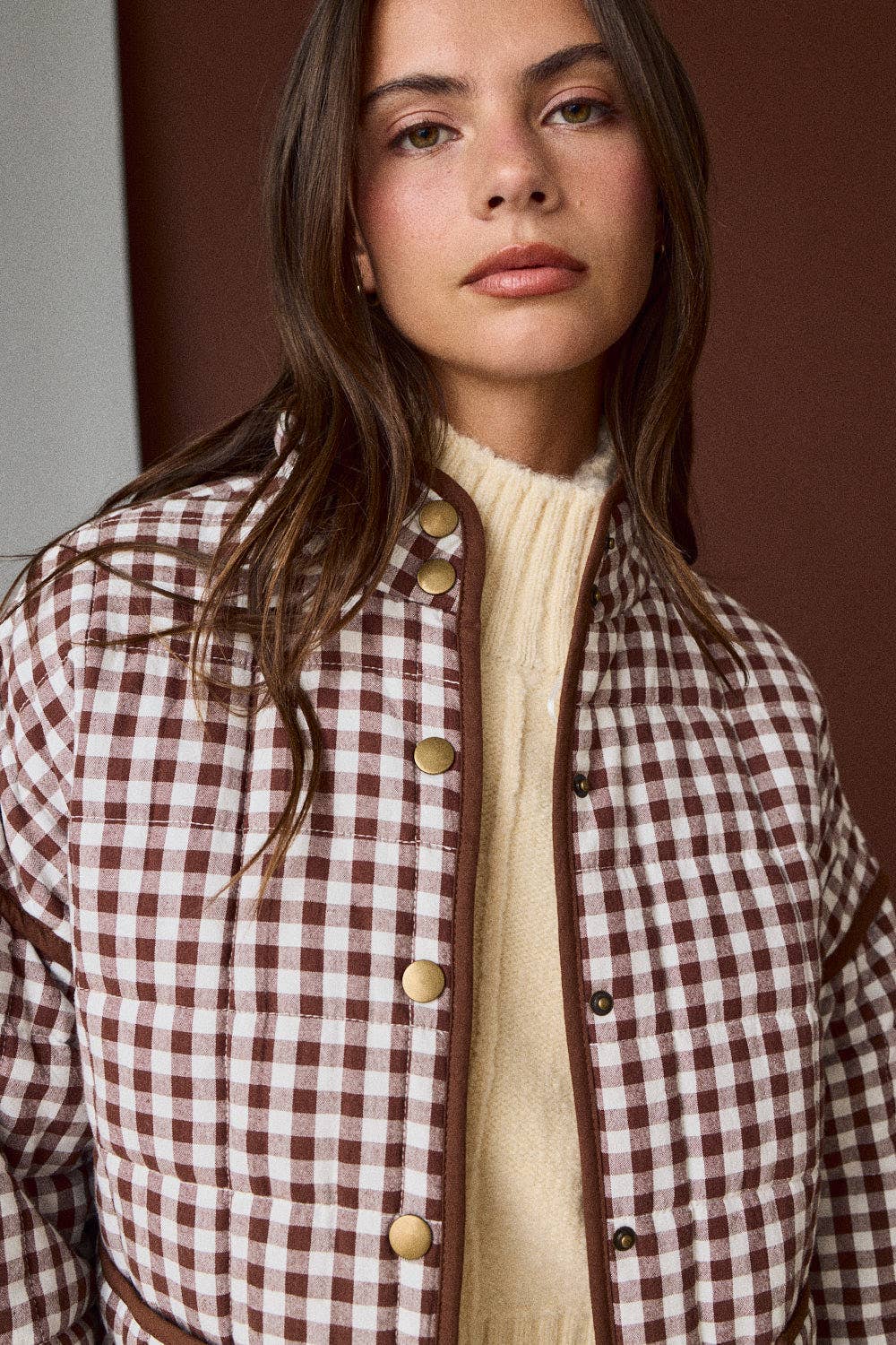 PREORDER - Gingham Quilted Jacket : BROWN