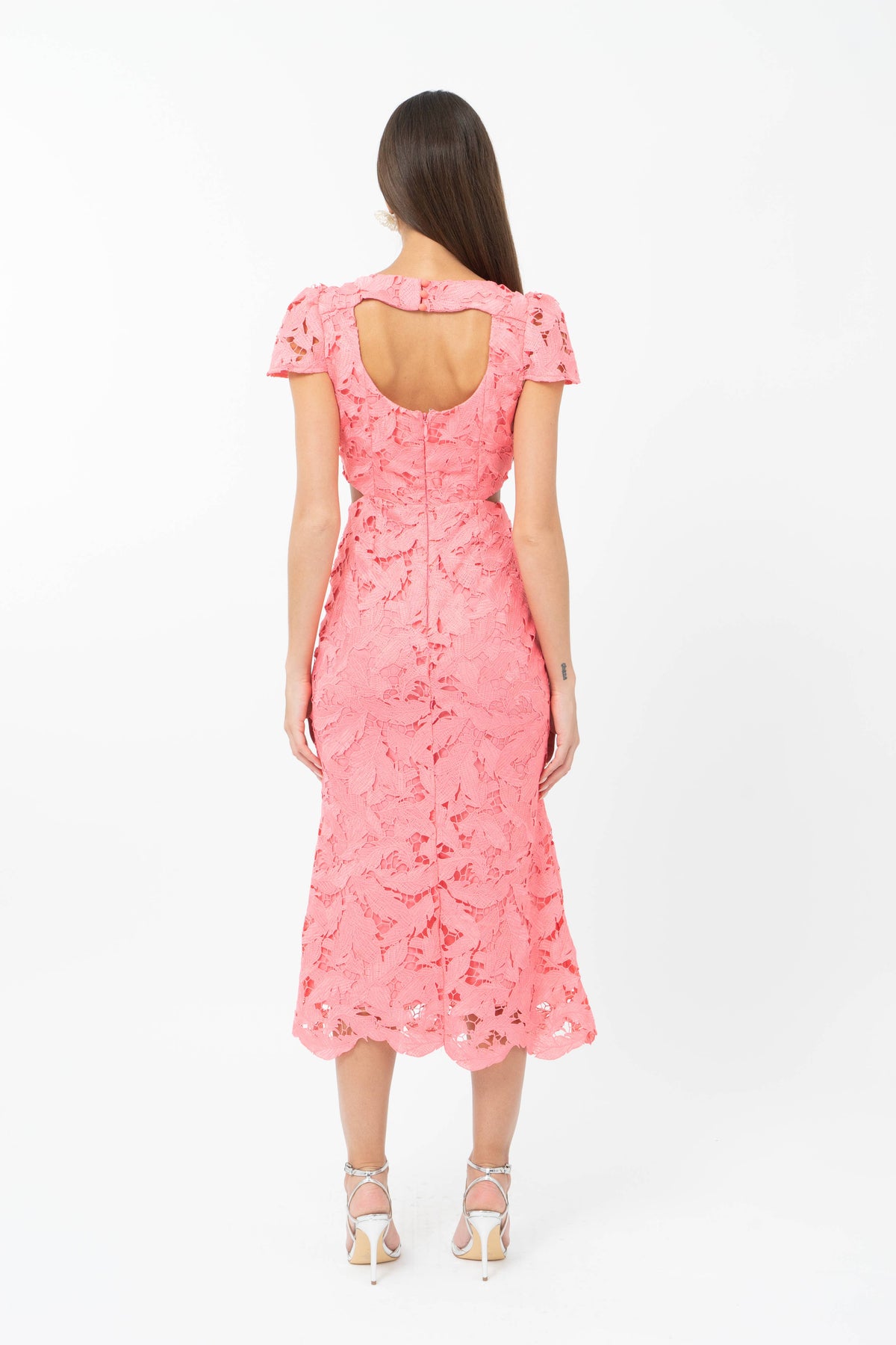 Adelyn Rae: Portia 3D Lace Cap Sleeve Midi Dress: Coral
