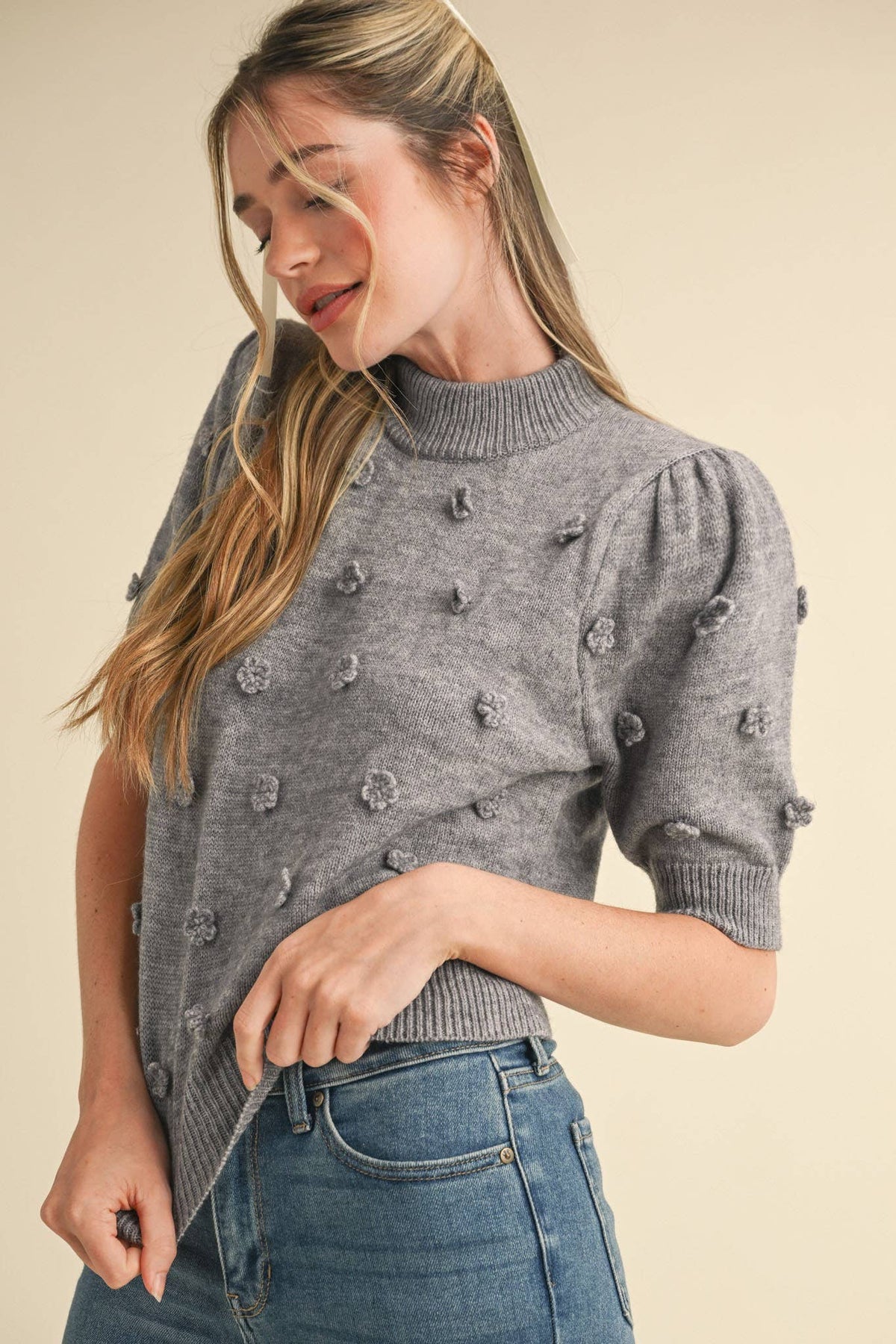 PREORDER 3D FLORAL KNIT SHORT SLEEVE SWEATER : CHARCOAL GREY