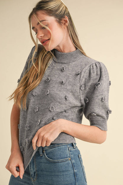 PREORDER 3D FLORAL KNIT SHORT SLEEVE SWEATER : CHARCOAL GREY