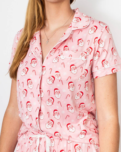 PREORDER Candy Cane Santa Short Sleeve Button Up Sleep Shirt