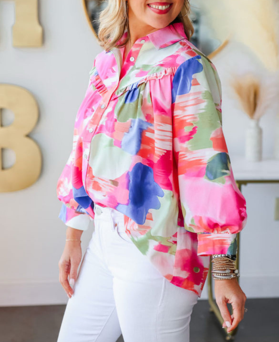 CLEARANCE: The Cassidy button down abstract blouse