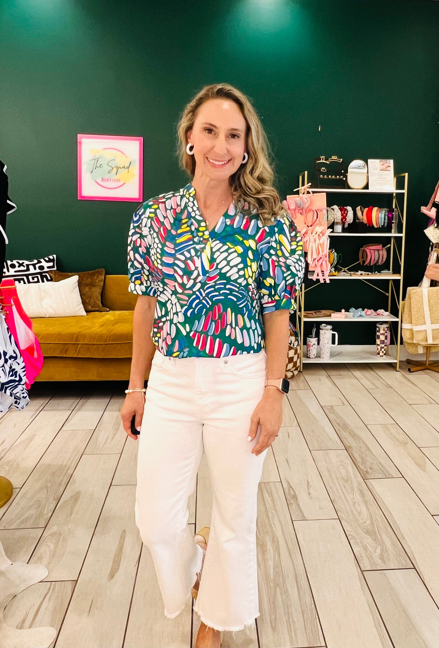 CLEARANCE: The Ashton green abstract tie sleeve blouse