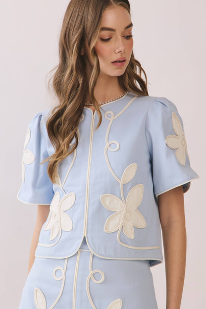 TCEC Embroidered Appliqué Floral Short Puff Sleeve Structured Skirt Set / BLUE