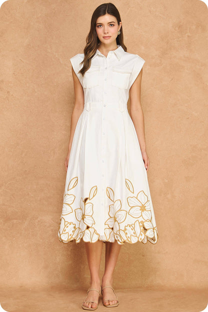 Floral Cut-Out Embroidery Twill Midi Shirt Dress