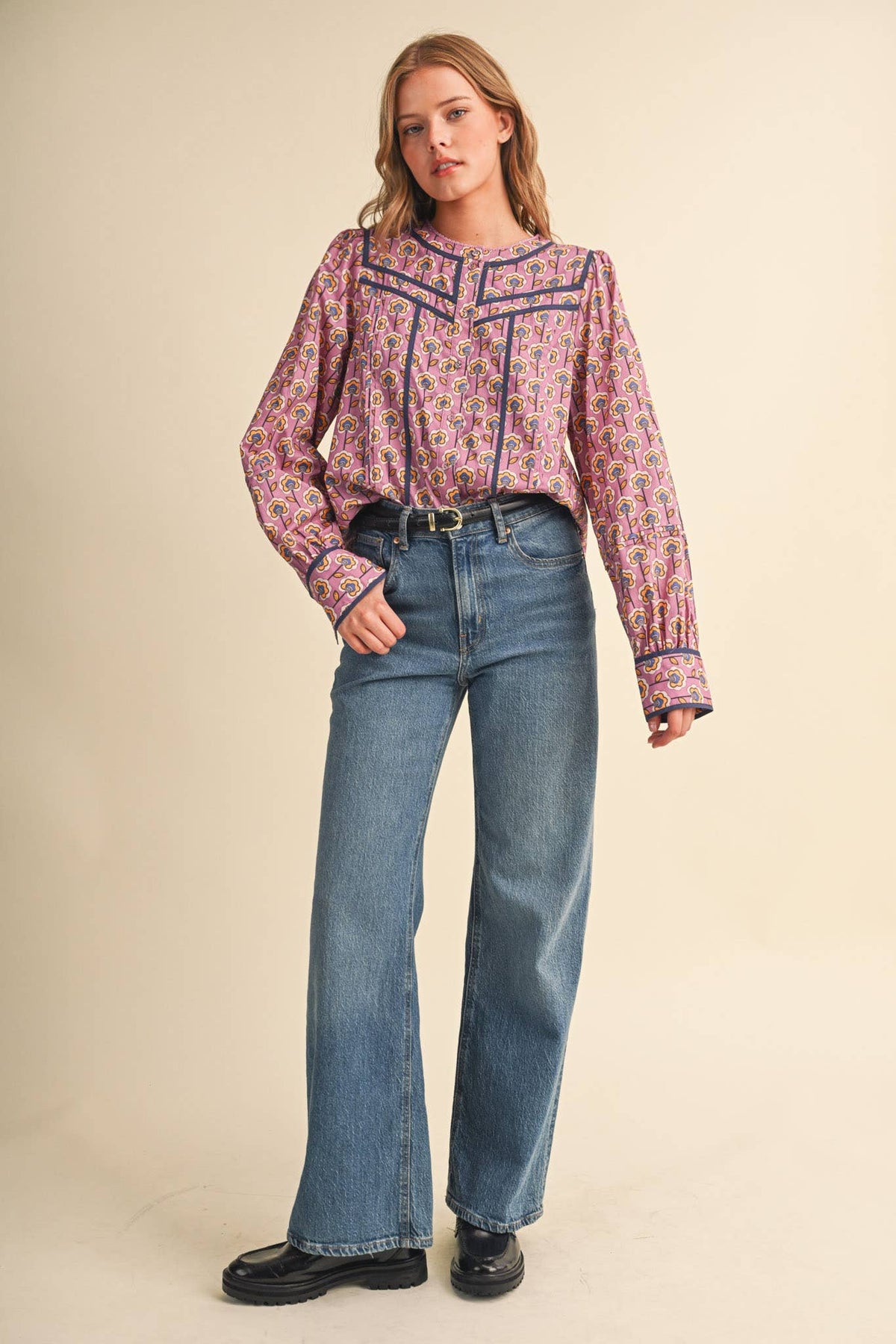 PREORDER : FLORAL BUTTON UP TOP WITH CONTRAST BINDING TRIM : ORCHID FLORAL