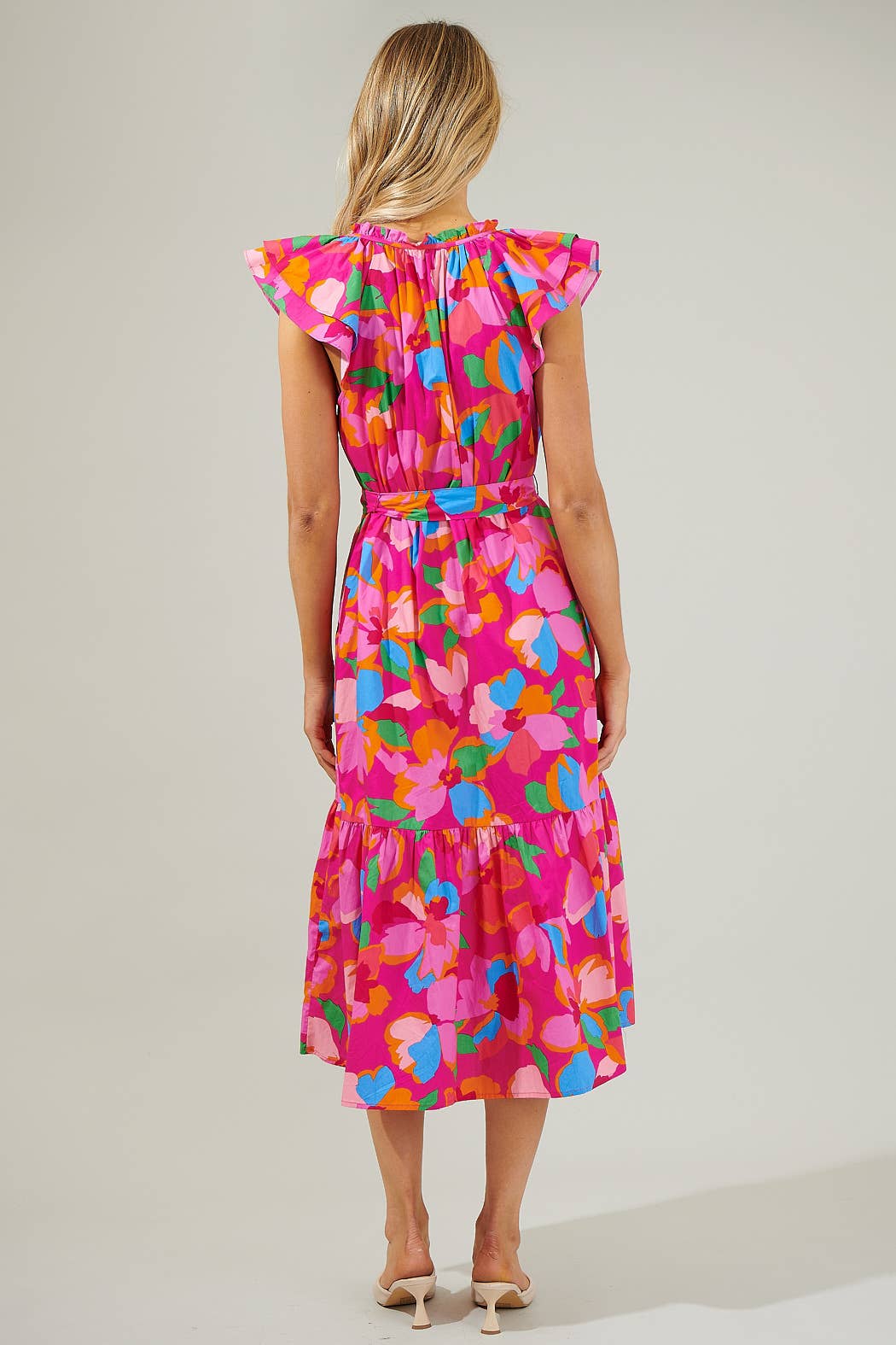 Sugarlips: Daphne Floral Dynamite Button Midi Dress: FUCHSIA-MULTI