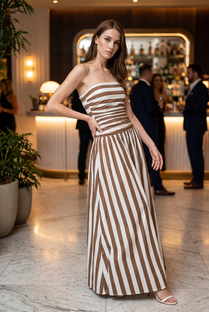 PREORDER - Stripe ruched strapless maxi dress: WHITE/MOCHA