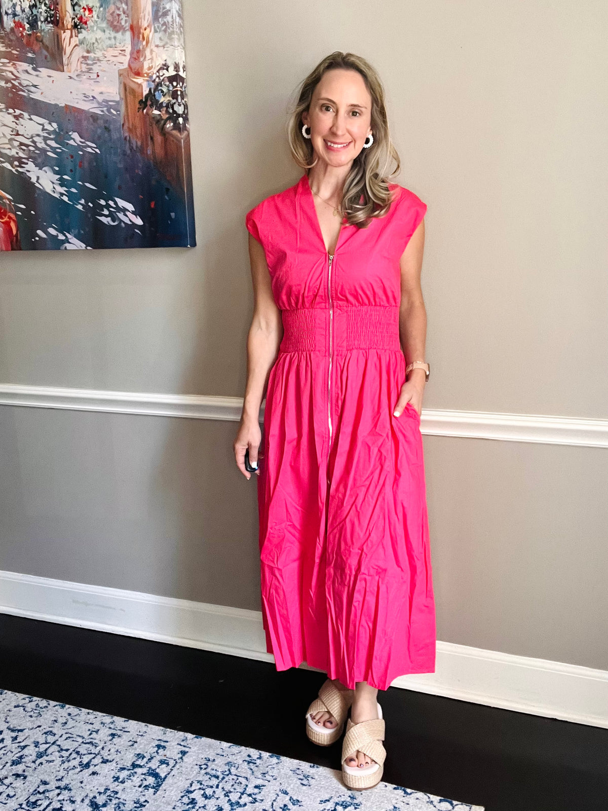 Drop Shoulder Smocked Waist Midi Dress: PINK