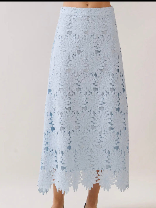 TCEC Floral Lace scalloped hem midi skirt: BLUE