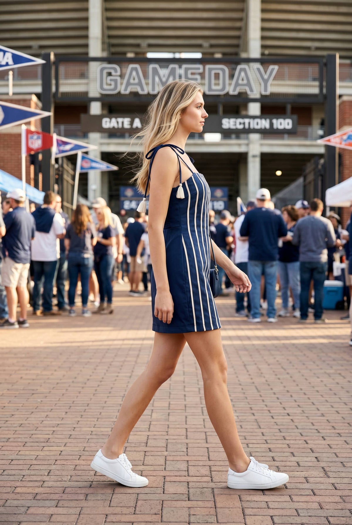 Cord Trim Mini Dress with Tassel Tie Straps: NAVY