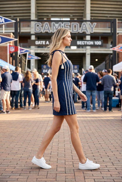 Cord Trim Mini Dress with Tassel Tie Straps: NAVY