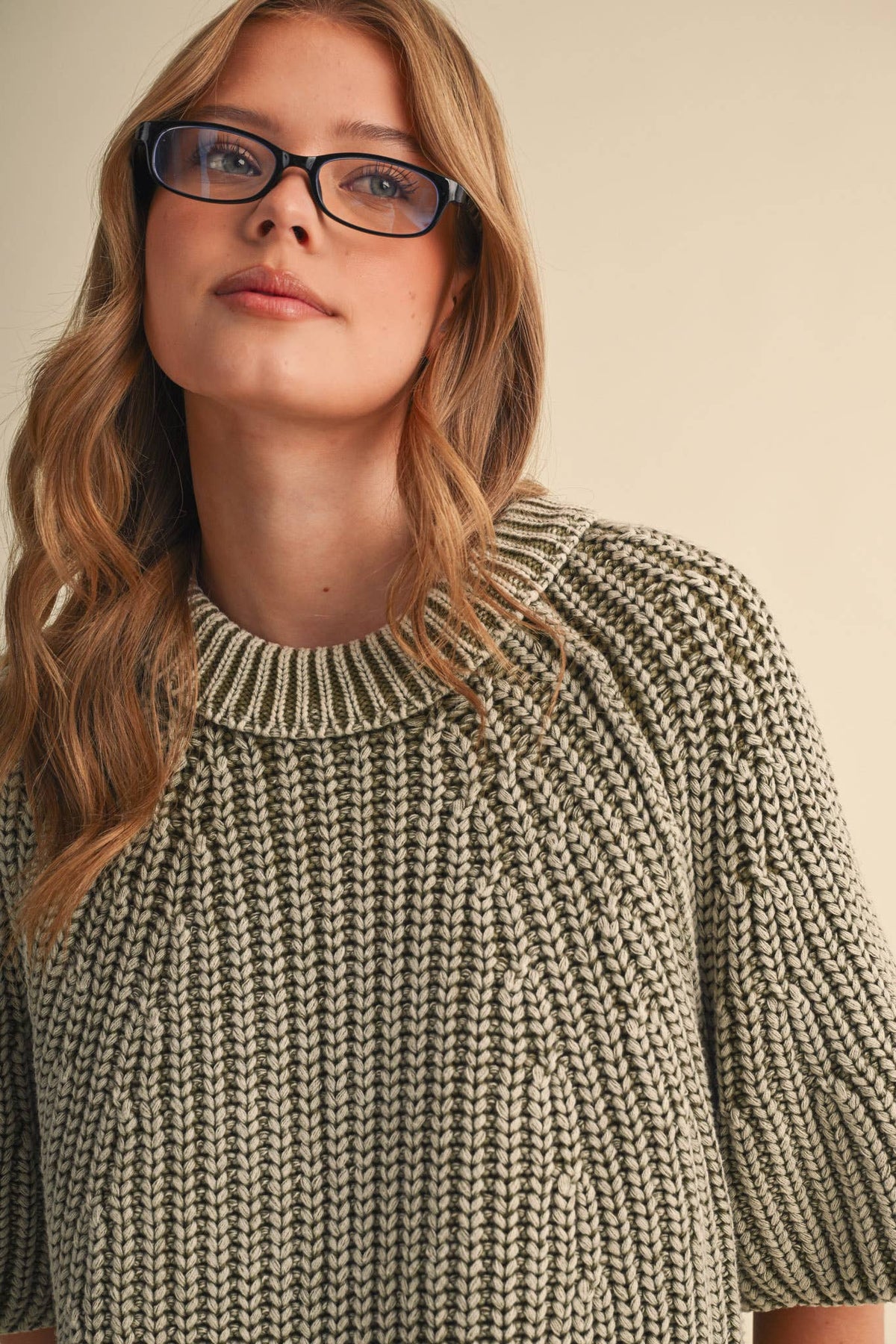 PREORDER - WASHED CHUNKY KNIT SHORT SLEEVE SWEATER : KHAKI