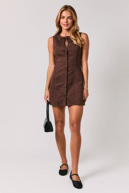 PREORDER - Keyhole Tie Button Front A-Line Mini Dress: DK BROWN