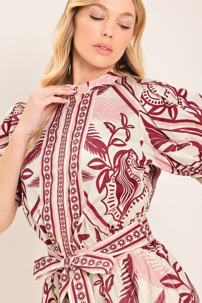 PREORDER - A printed woven romper : Burgundy