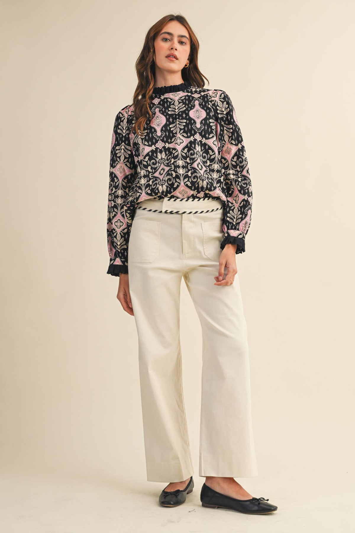 RUFFLE LACE TRIM MOCK NECK TOP