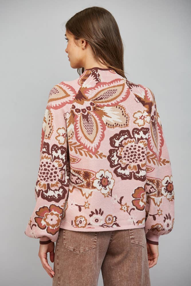PREORDER: FATE - BOLD FLORAL & PAISLEY PATTERN FUNNEL NECKLINE SWEATER: MAUVE MULTI