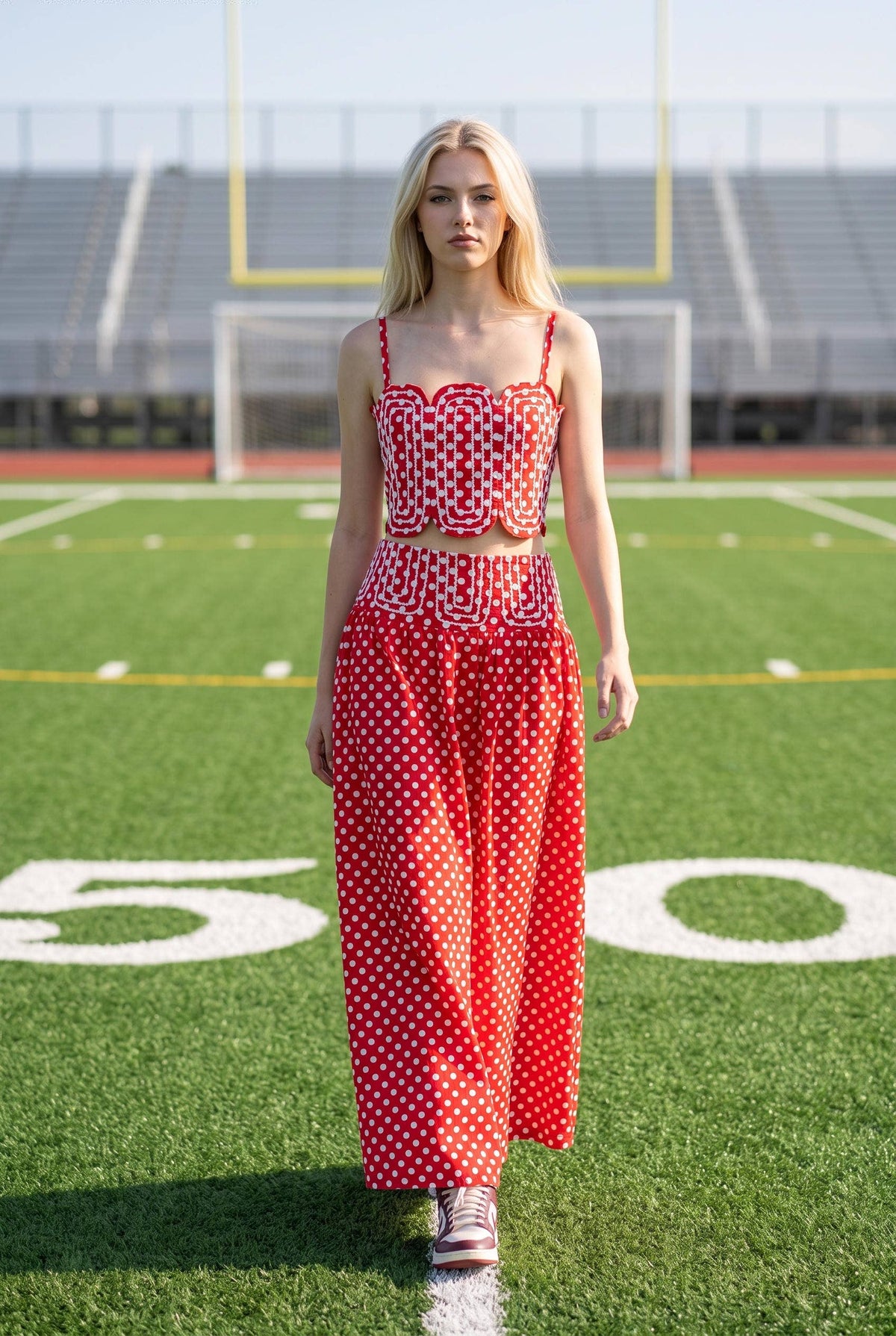 Trim Appliqué Crop Top And Polka Dot Maxi Skirt Set: RED : WHITE