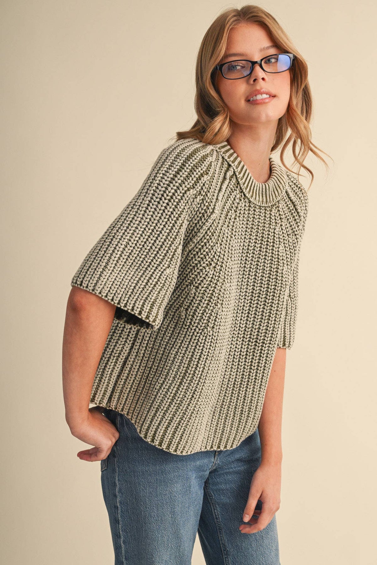 PREORDER - WASHED CHUNKY KNIT SHORT SLEEVE SWEATER : KHAKI