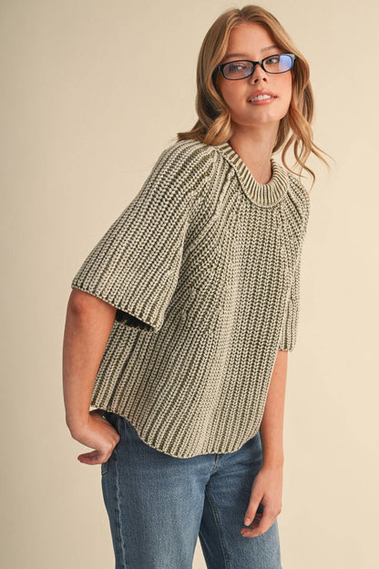 PREORDER - WASHED CHUNKY KNIT SHORT SLEEVE SWEATER : KHAKI