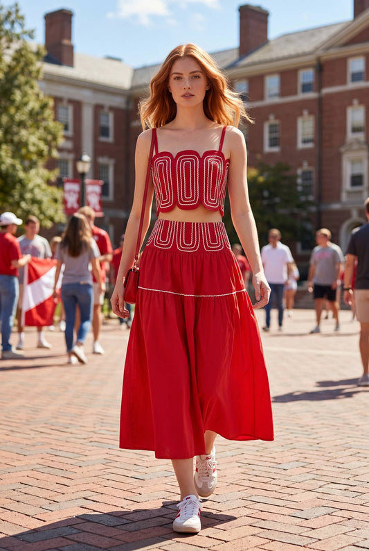 Exclusive Lace Trimmed Top & Skirt Set: RED : WHITE