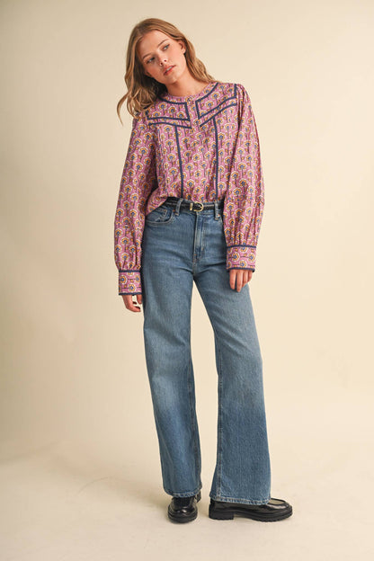 PREORDER : FLORAL BUTTON UP TOP WITH CONTRAST BINDING TRIM : ORCHID FLORAL