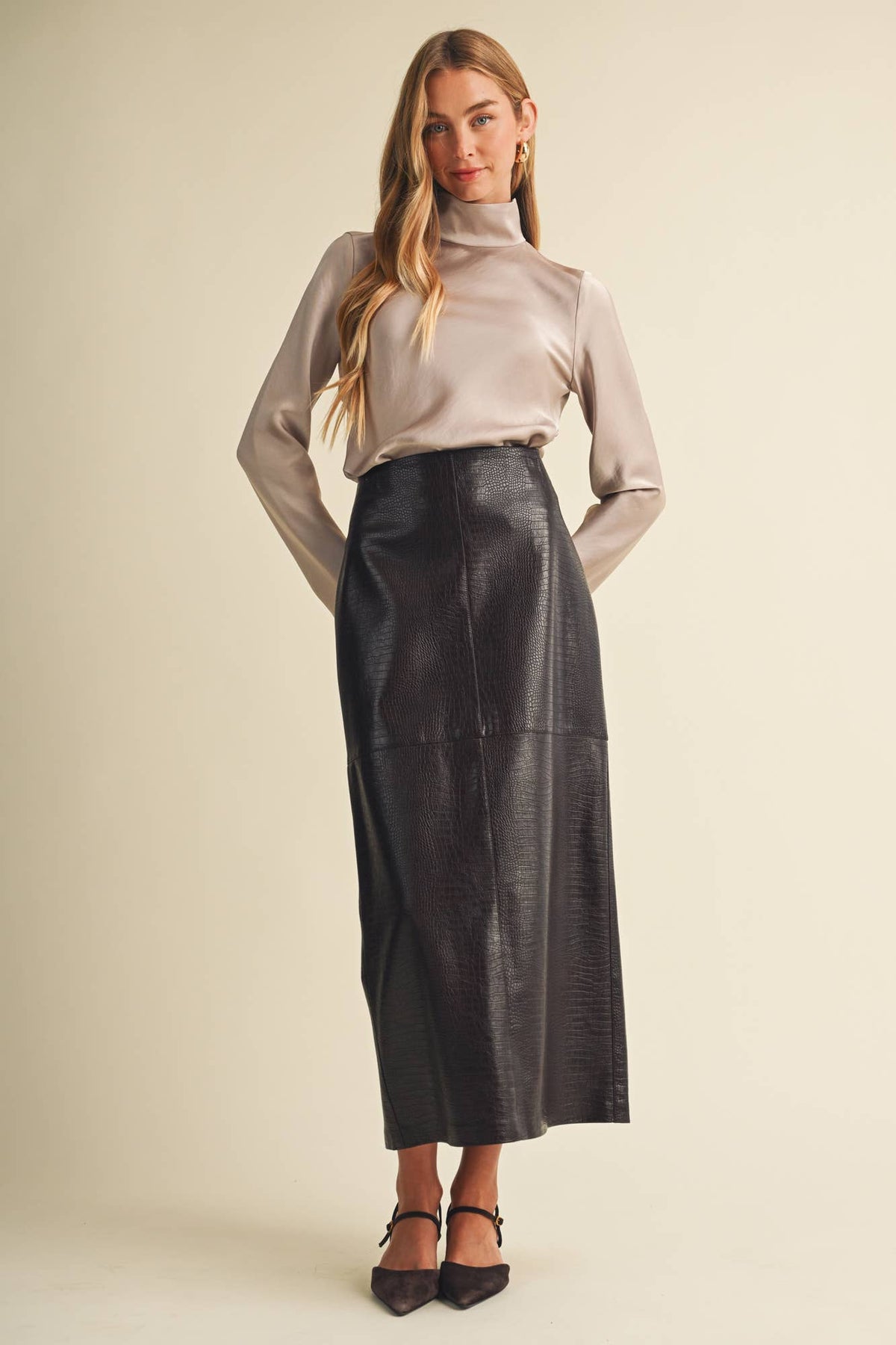PREORDER - Croc-Embossed Pencil Skirt: Choco Fondant