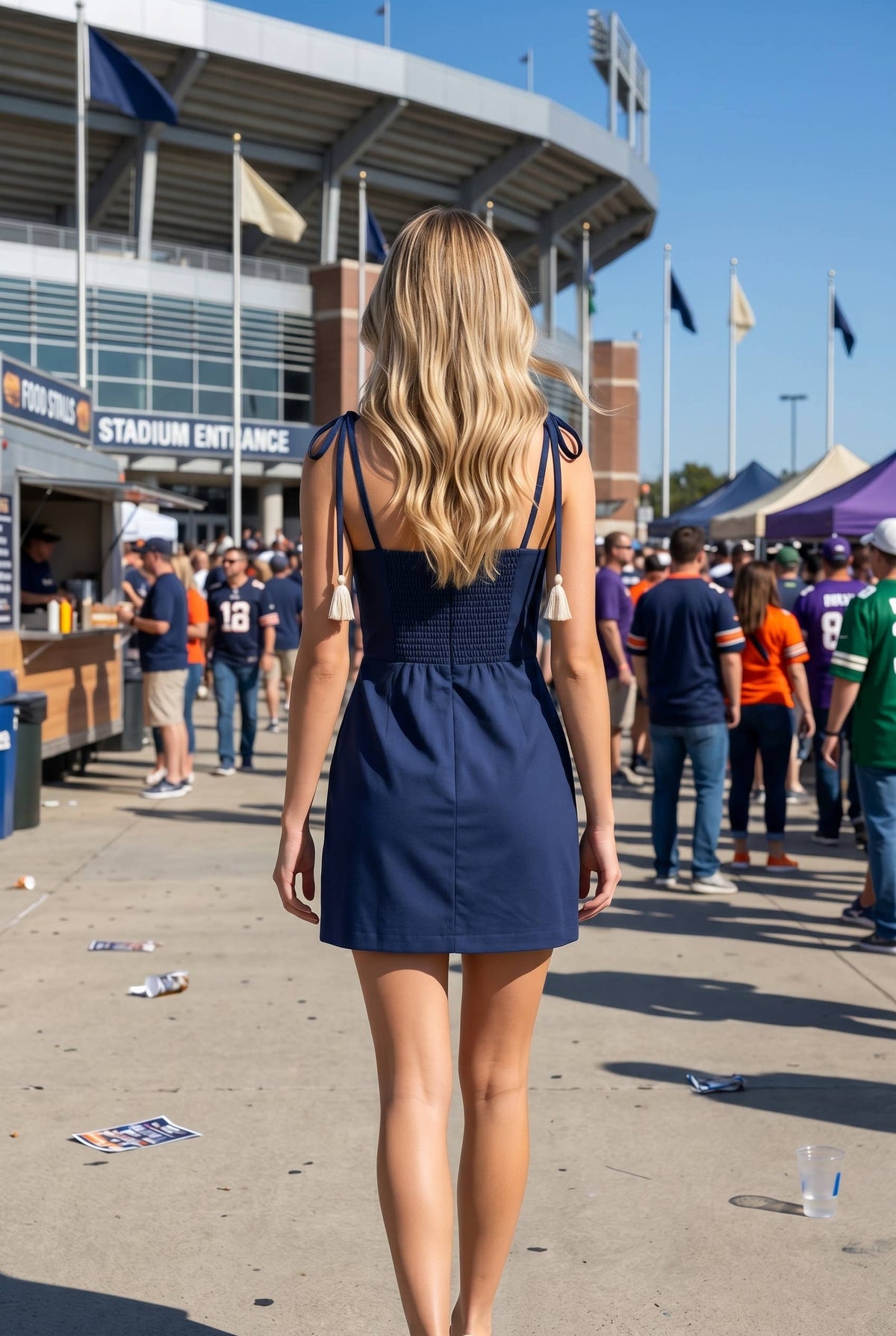 Cord Trim Mini Dress with Tassel Tie Straps: NAVY