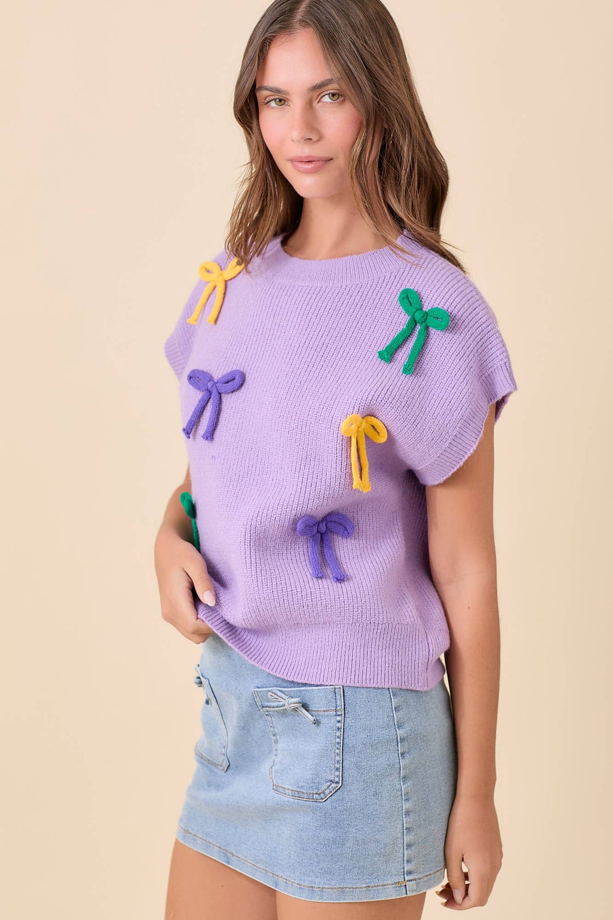 Mardi Gras Ribbon Bow Knit Top: Lavender