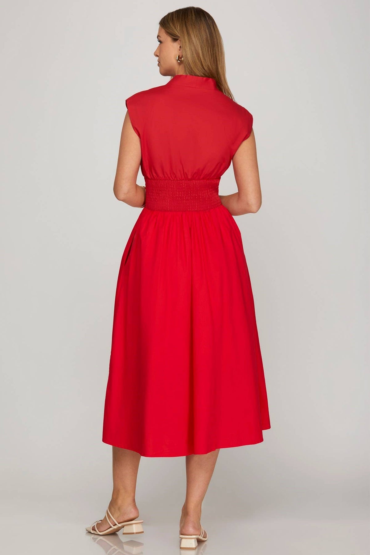Drop Shoulder Smocked Waist Midi Dress: PINK