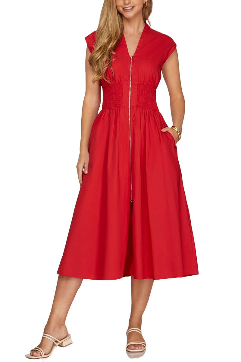 Drop Shoulder Smocked Waist Midi Dress: PINK