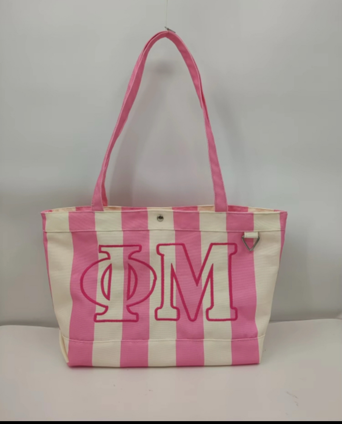Sorority Embroidered/Stripe Canvas Tote: Phi Mu