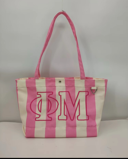 Sorority Embroidered/Stripe Canvas Tote: Phi Mu