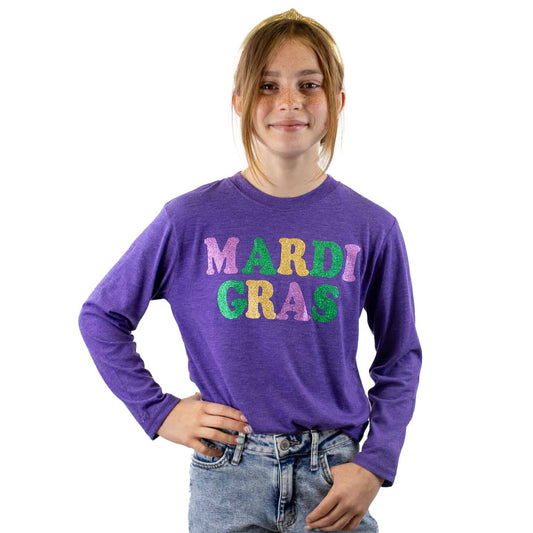 Youth Mardi Gras Glitter Purple Long Sleeve Crew Neck T-Shirt
