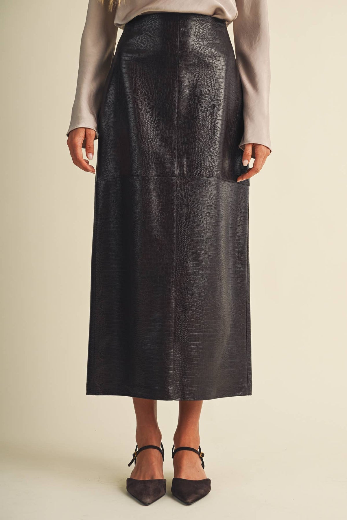 PREORDER - Croc-Embossed Pencil Skirt: Choco Fondant
