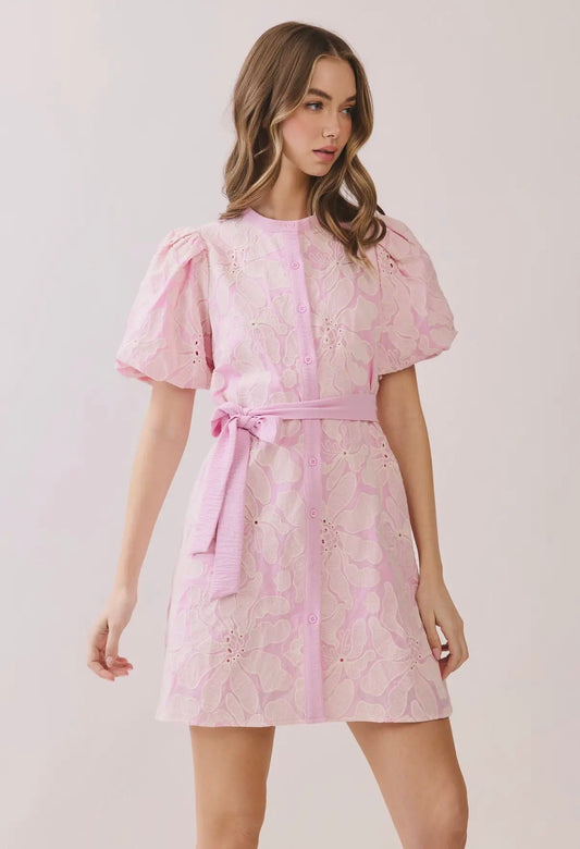 TCEC Floral Eyelet Button Front Mini dress - PINK