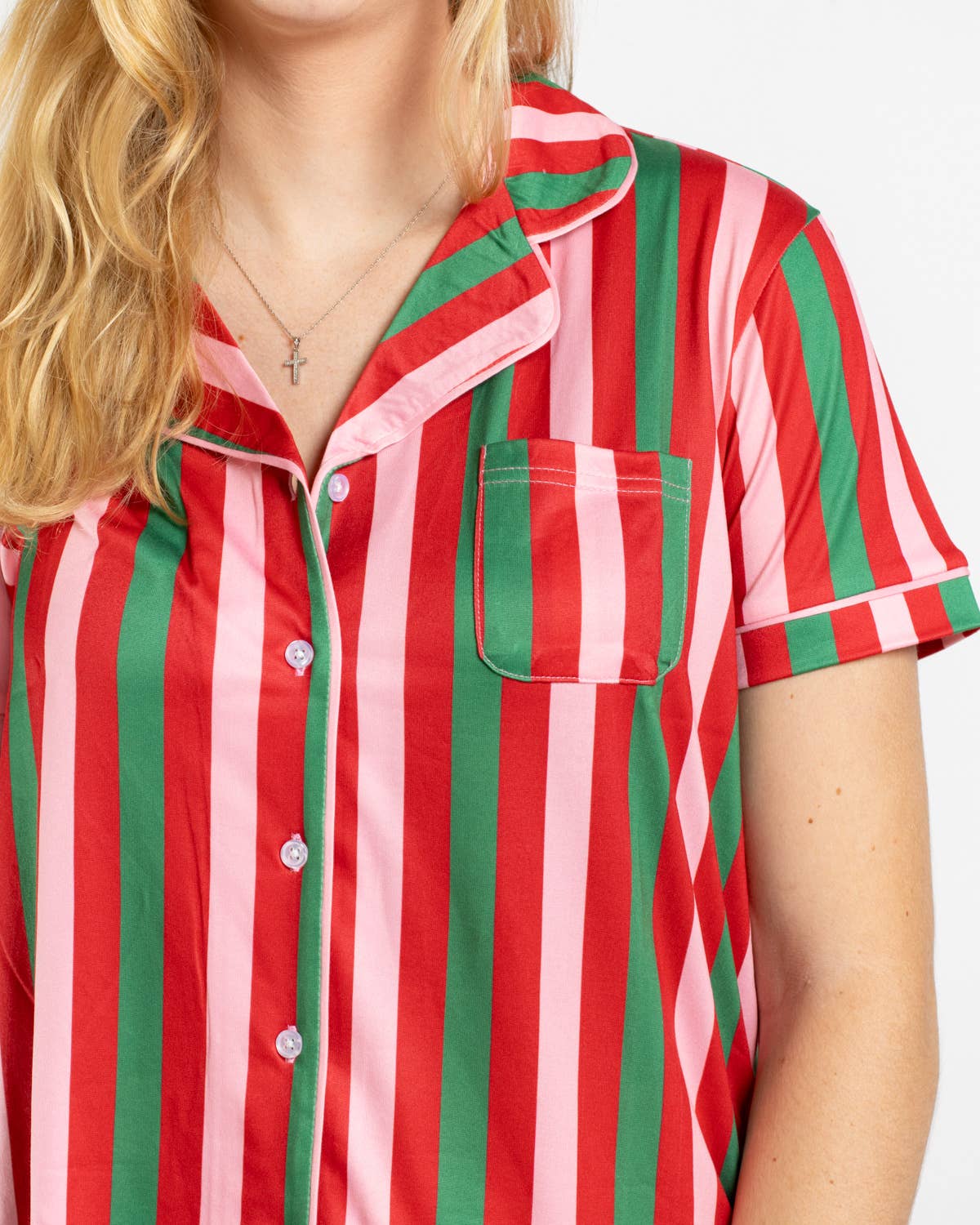 Gumdrop Stripe Women’s Short Sleeve Button Up Sleep Shirt
