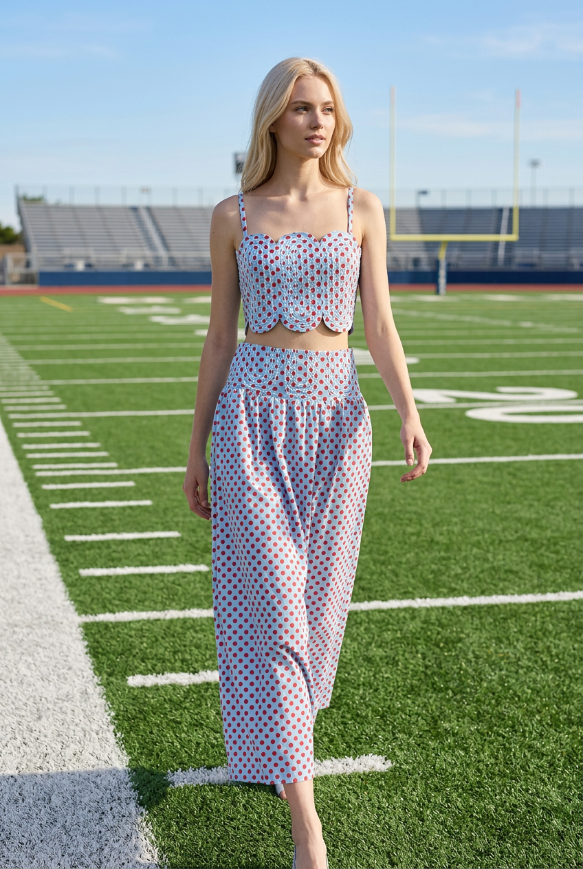 Trim Appliqué Crop Top And Polka Dot Maxi Skirt Set: RED : WHITE