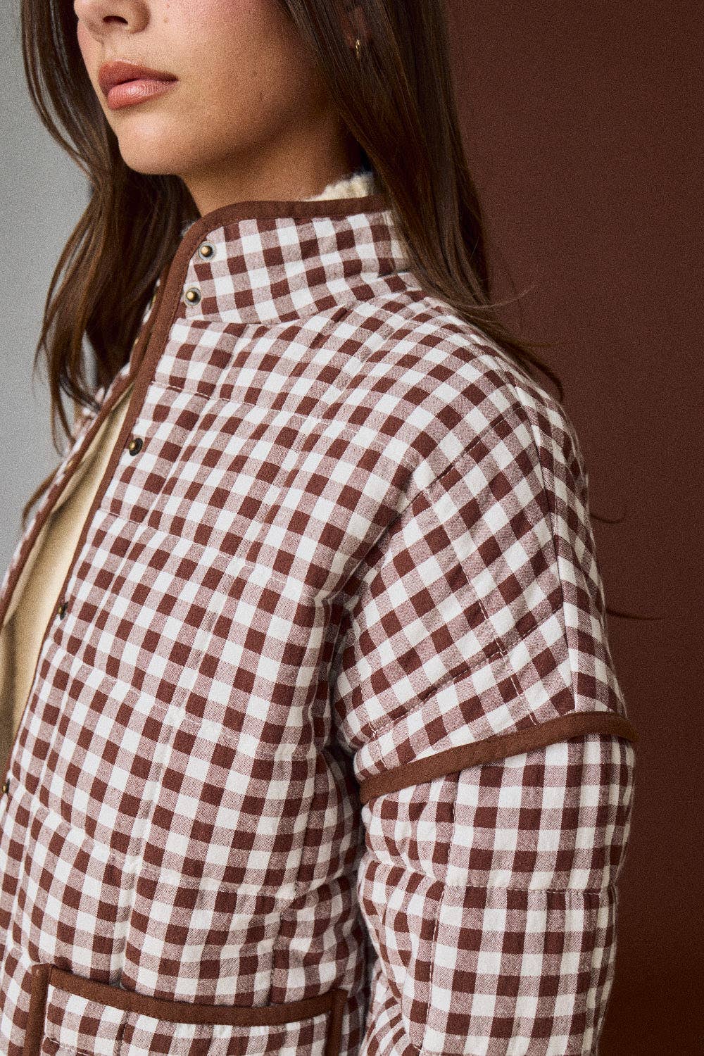PREORDER - Gingham Quilted Jacket : BROWN
